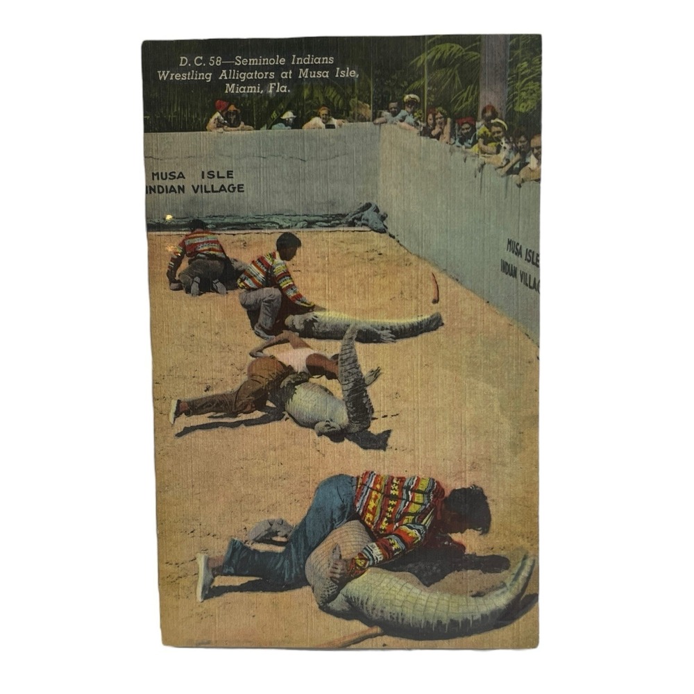 Alligator Wrestling Musa Island Miami Florida Vintage Linen‎ Postcard Curt Teich